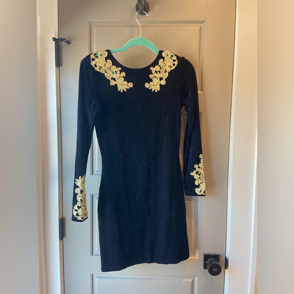 Embellished Blue and Black Sheath Dress with Cuffed Long Sleeves